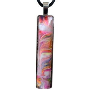 Handmade Fluid Art Bar Necklace Pink Abstract Pendant 20” Cord